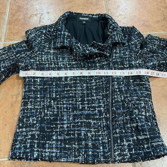 Express Black White Blue Metallic Sparkle Tweed Moto Jacket Coat Size Small - Picture 9 of 12